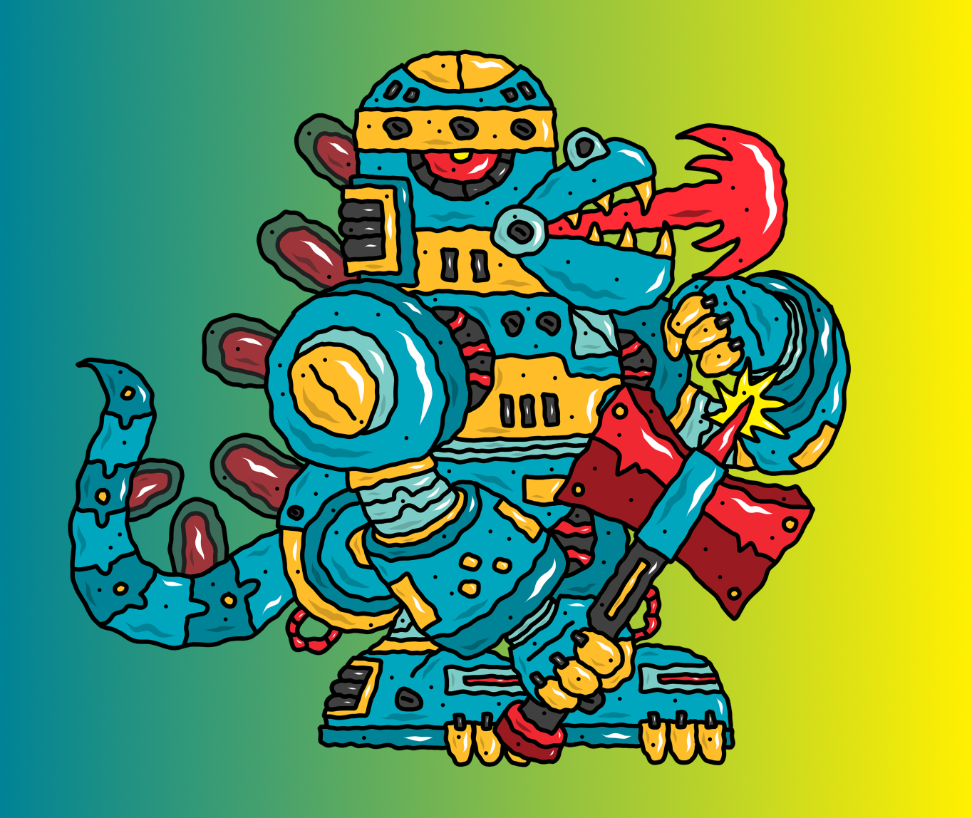 blue Robot Fire Illustration