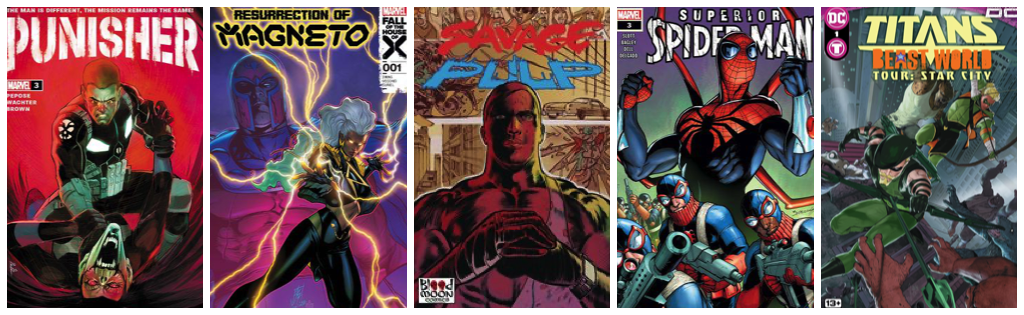 Punisher #3; Resurrection of Magneto #1; Savage Pulp #1; Superior Spider-Man #3; Titans: Beast World Tour: Star City #1