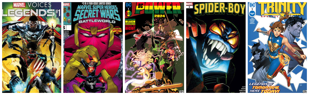 Marvel Voices Legends #1; Marvel Super Heroes Secret Wars: Battle World #3; DC Power 2024 #1; Spider-Boy #3; Trinity Special #1